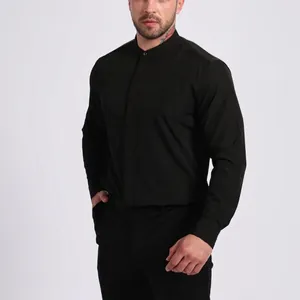 Men's Minimalist Stand Collar Long Sleeve Shirt Slim Fit Four-Way Stretch Business Casual Iron-Free Solid Color Polyester Shirt Top