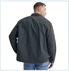Detailed back view of oversized men's dark grey cotton workwear shirt, long sleeves