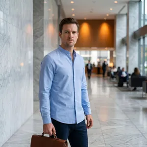 Vue professionnelle d'une chemise à col officier bleu clair en aspect lin pour homme.