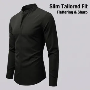 Slim fit black men's long sleeve shirt with a stand collar and sharp tailoring