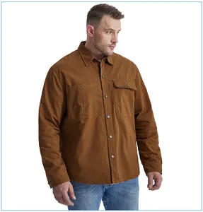 Mens brown cotton canvas work shirt with double chest pockets and loose fit design