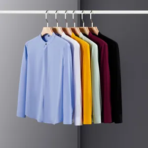 Men's minimalist stand-up collar long-sleeve shirts displayed in various solid colors