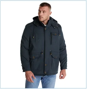 Parka da uomo blu navy con cappuccio, tasche multitasche e coulisse regolabile in vita