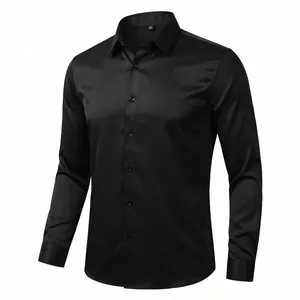 Professional men's black long-sleeve dress shirt made from premium stretch non-iron fabric