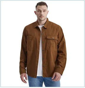 Male model wearing brown cotton corduroy shirt with pockets, casual streetwear style.
