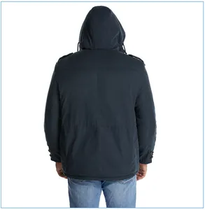 Vista posteriore di un parka da uomo blu scuro con cappuccio e coulisse in vita
