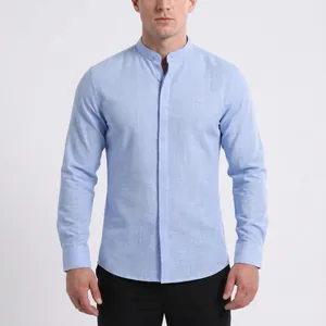 Chemise pour Hommes Col Montant Texture Imitation Lin Manches Longues Coupe Cintrée Anti-Rides Respirant Business Décontracté Haut
