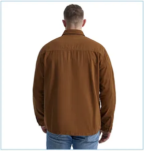 Back view of a brown men's corduroy work shirt with classic collar and long sleeves