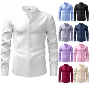 Chemise col officier homme aspect lin manches longues infroissable et sans repassage