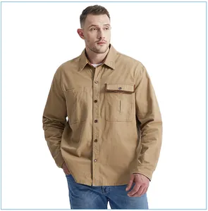 Full view of men's khaki cotton work shirt with corduroy pocket detail and classic turn-down collar