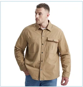 Detail shot of a men's khaki cotton work shirt with contrast corduroy collar.