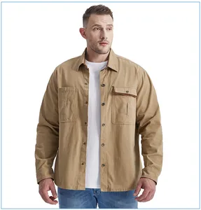 Classic men's khaki cotton utility shirt with corduroy contrast detailing and pockets.