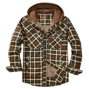Warm men's brown plaid hooded jacket featuring soft fleece lining and functional pockets