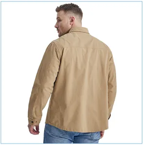 Back view of a khaki men's cotton workwear shirt showing loose fit and lapel detail