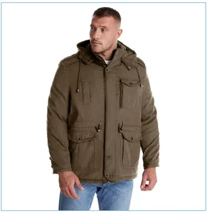 Parka pesante da uomo a media lunghezza con cappuccio e multitasche verde oliva