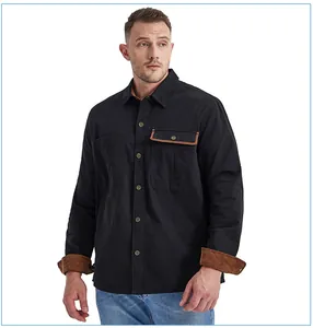 Men's black cotton work shirt with brown corduroy contrast details on cuffs and pocket