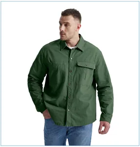 Men's dark green long-sleeved cotton work shirt with double chest pockets and buttons.
