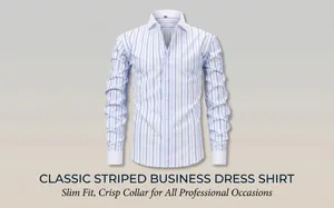 Camicia classica da uomo a righe blu, vestibilità slim fit e colletto Windsor rigido