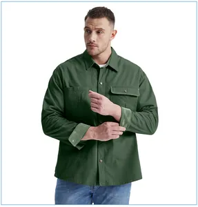 Detail of men's olive green cotton work shirt with light green corduroy cuffs