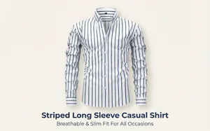 Breathable slim fit men's striped long sleeve casual shirt in white and blue stripes