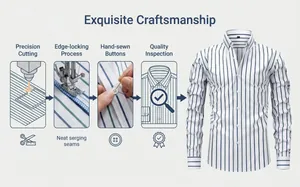 Infographic detailing the exquisite craftsmanship of this men's striped long-sleeve shirt