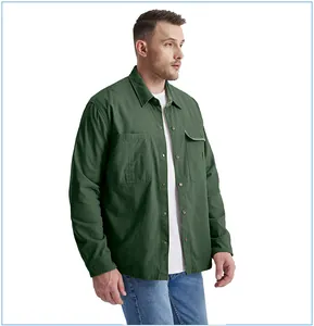 Men's dark green premium cotton workwear shirt with lapels and relaxed loose fit