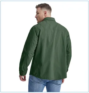 Detailed back view of a men's dark green long sleeve corduroy work shirt with loose fit