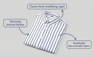 Detail of vertical striped men's shirt highlighting breathable fabric and classic lapel