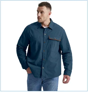 Frontal view of a navy blue cotton work shirt with contrast corduroy trim on a male model