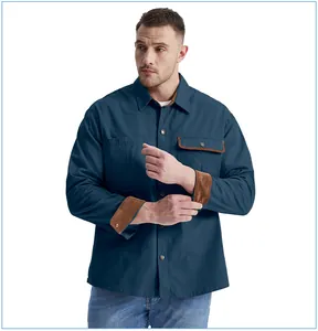 Stylish men's navy cotton work shirt featuring unique corduroy contrast trim details