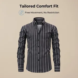 Detail view of vertical stripes and tailored cut on a long-sleeve men's comfort shirt