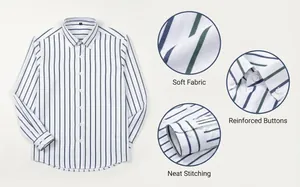 Close-up details of men's vertical striped long-sleeve shirt showing fabric and stitching