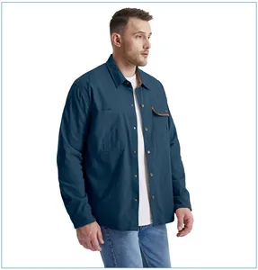 Side view detail of men's blue cotton work shirt with corduroy collar