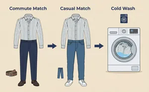 Professional infographic for men's striped long-sleeve shirt showing styling and care guide