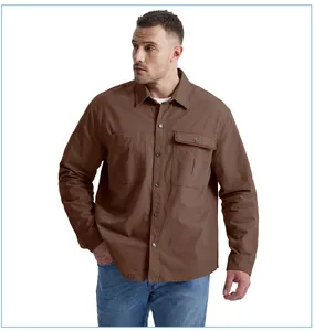 Detailed view of men's brown cotton work shirt featuring stylish corduroy contrast trim