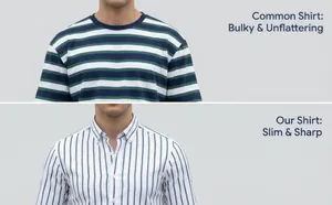 Detail comparison showing the slim and sharp fit of a green vertical striped shirt