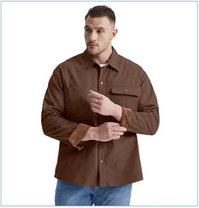 Detailed front view of men's brown cotton workwear shirt featuring corduroy cuff detail.