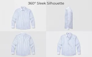 Vista dettagliata della camicia a righe bianche e blu da uomo con colletto bianco