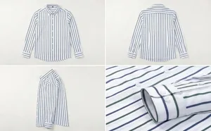 Detailed close-up of a men's long-sleeve white shirt with blue vertical stripes
