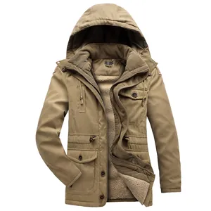 Parka invernale pesante da uomo con cappuccio e calda fodera in pile color kaki chiaro