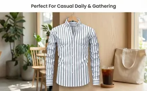 Men's striped long-sleeve shirt in a cozy cafe setting for casual daily wear