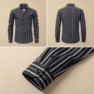 Macro view of buttoned cuff and fine vertical stripes on a men's long sleeve shirt