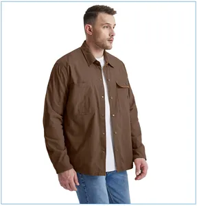Men's brown corduroy work shirt with turn-down collar and utility pockets, loose fit
