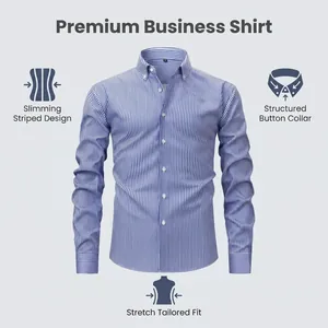 Détail d'une chemise business pour hommes à rayures bleues, coupe ajustée et col boutonné