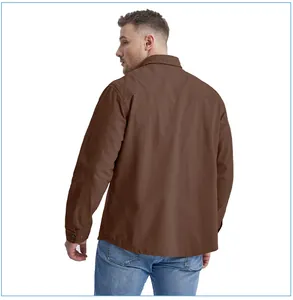 Back view of men's brown corduroy long sleeve work shirt showing loose fit and fabric texture
