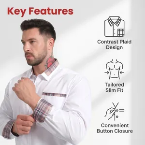 Détails du col à carreaux contrastés et de la coupe ajustée de la chemise blanche.