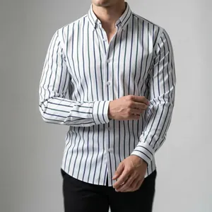 Close-up of men's striped shirt detailing the fit and four-way stretch fabric texture
