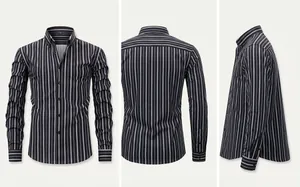 Three-way detailed view of men's black and white vertical striped long sleeve shirt.
