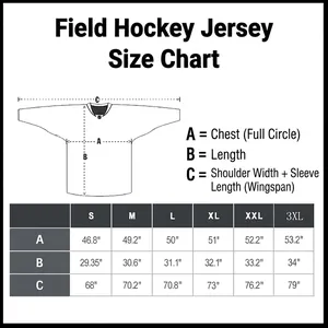 Detailed size chart for men's black hockey jersey showing chest and length measurements