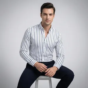 High quality studio shot of a men's vertical striped long sleeve shirt in classic white